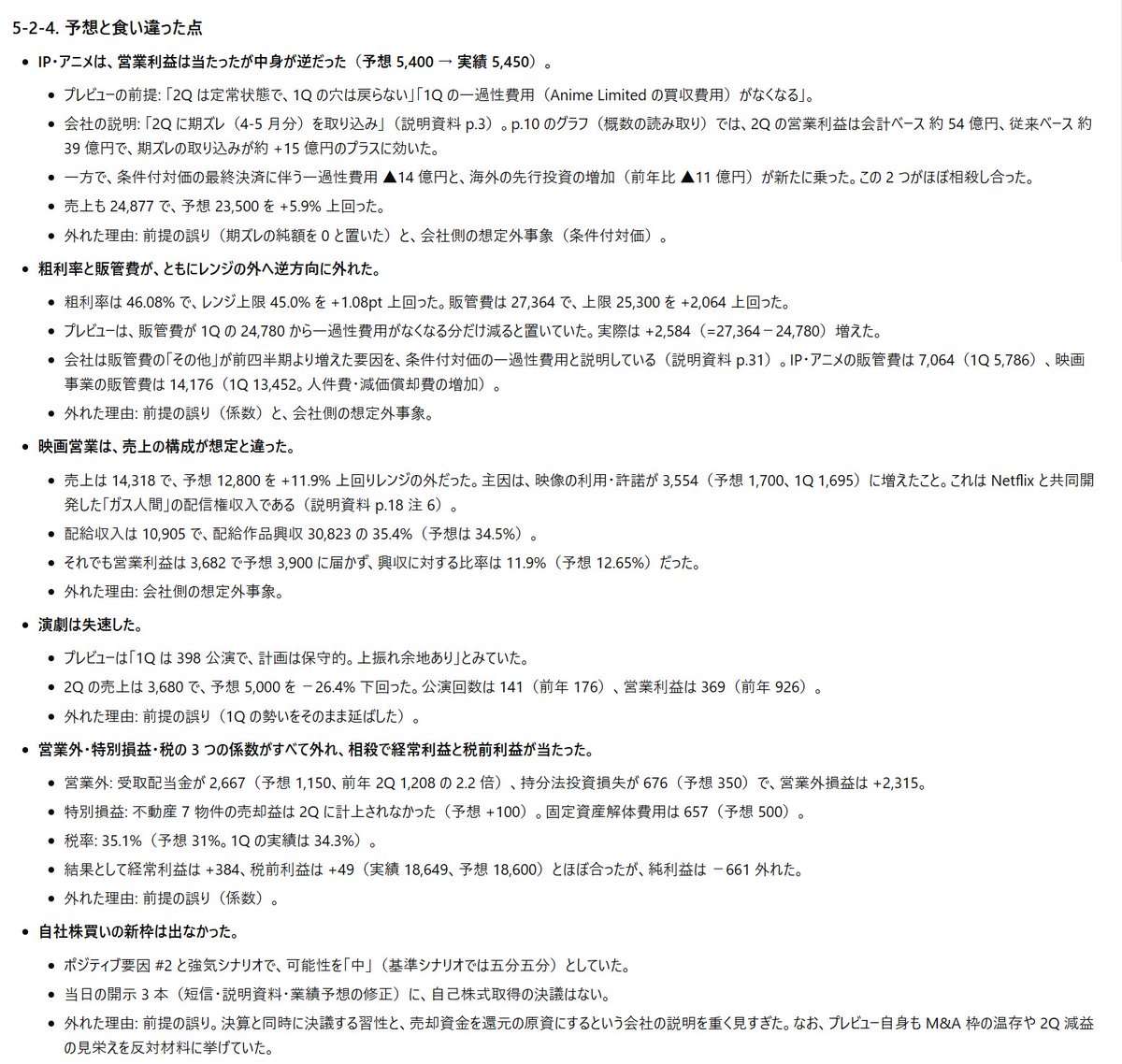 daken_in_market's tweet photo. AIが作成した業績予想について、決算発表後に実績と突き合わせて、食い違ったところを洗い出して、今後の改善点まで考えるというのを作った。

これを同一企業の次回決算で業績予想を作るときのインプットとするのと、すべての決算について改善点を蓄積してナレッジベースのようなものを作って業績予想のたびに参照させるというのと、2つ活用方法がある気がする。後者がうまく実現できればとよいとおもう。それはまさにわたしがここ何年もやってきたことなのだし、生成AIなら遥かに高いポテンシャルがあるだろうから。

とはいえ概念的にそういうことできるんじゃないかなあというふわっとしたアイディアにすぎないし、実装できたとしてほんとにうまく動くのかわからないし、すべての決算に業績予想を作らせてその後の検証もさせようとしたらトークンを山盛り燃やさないとならないからコスト的にも覚悟がいる。とにかく今回の決算シーズンは新しいことを試す場にしたいと思っている