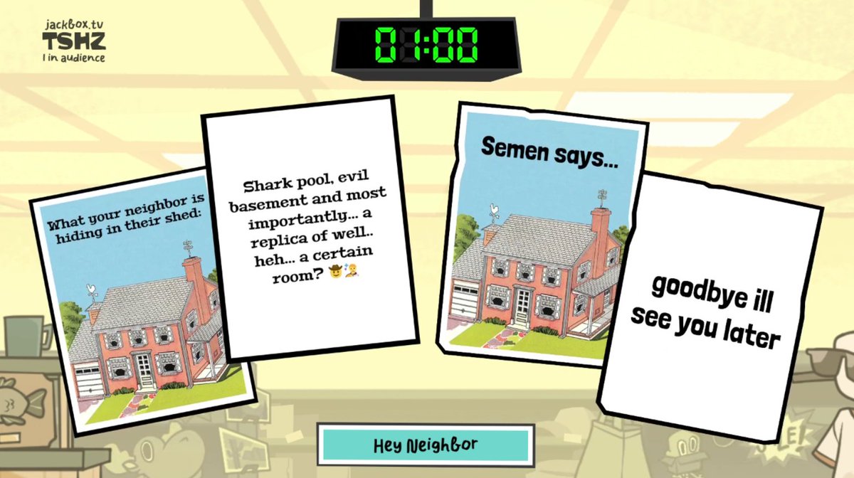 Heckingtonss's tweet photo. new jackbox have us a hello neighbour prompt and we went fucking wild https://t.co/afmkxJrN8g