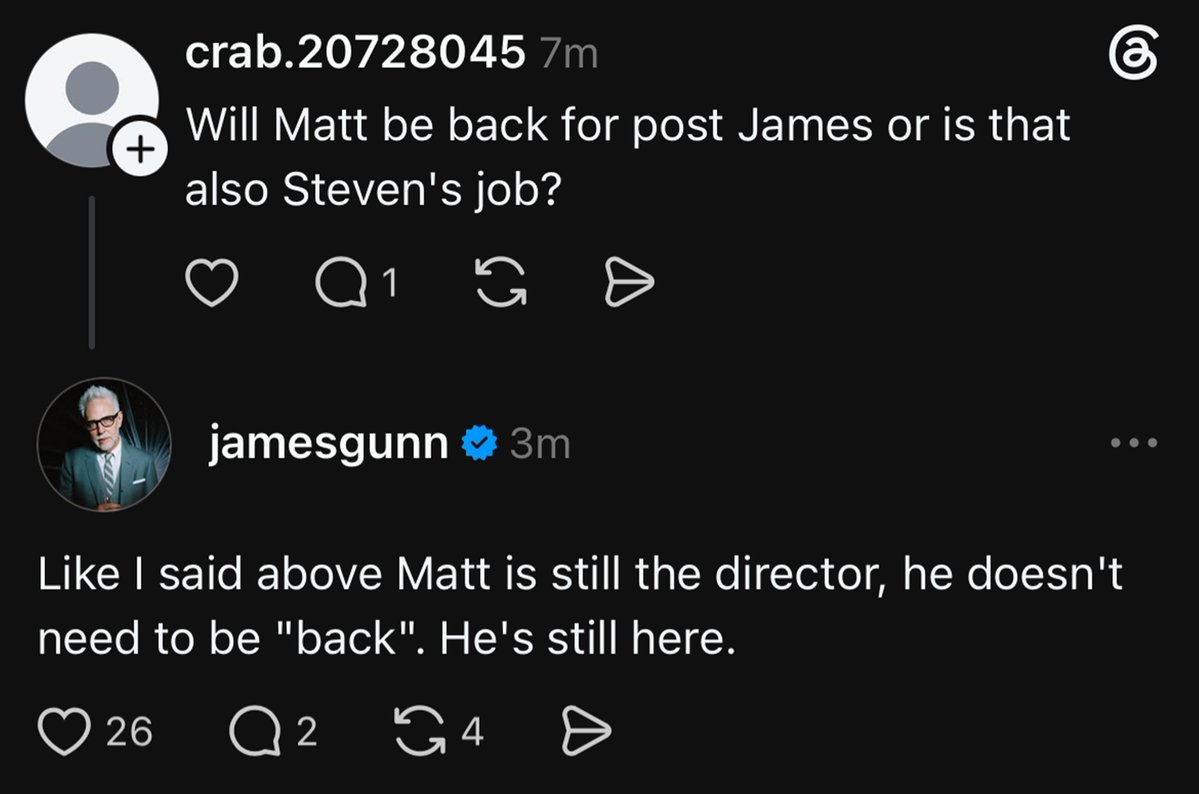 TheBatmanSagaNW's tweet photo. James Gunn when asked about if Matt Reeves will be back for post-production on ‘THE BATMAN: PART 2’.

“Like I said... Matt is still the director, he doesn’t need to be “back”. He’s still here.” https://t.co/EDDFd1FfNi
