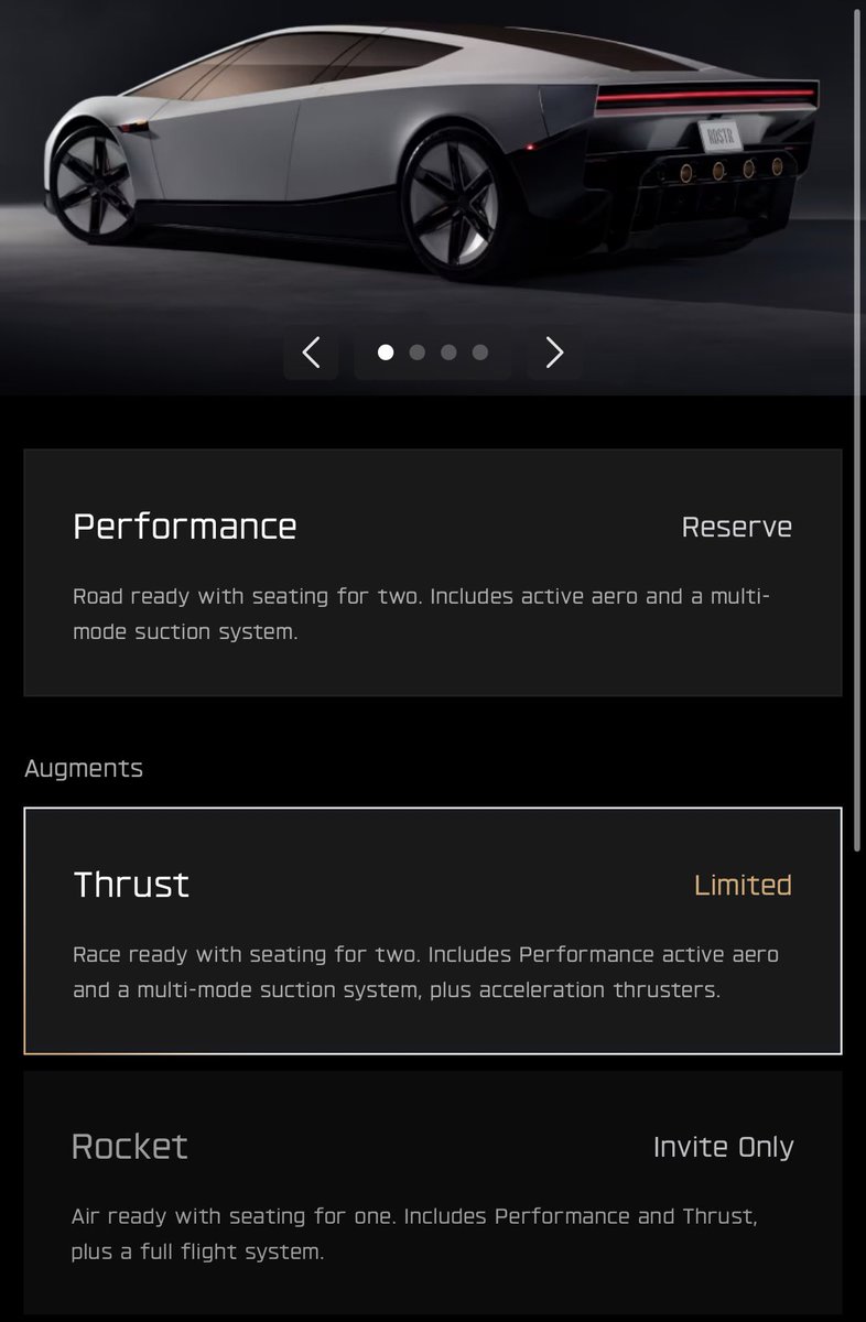 SawyerMerritt's tweet photo. Here are the trim levels for @Tesla’s next-gen Roadster:

• Performance: $50k deposit
• Thrust: $250k deposit
• Rocket: Invite Only

Production starts in 2028. Final/total prices TBD. https://t.co/JDhJafsBKh