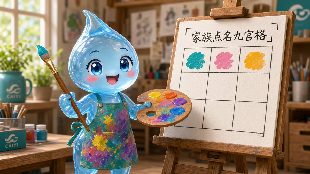 Splash_615's tweet photo. 二创画师报到🎨
官推把颜色分好了——我负责把「会玩」画满。

今日画题：家族点名九宫格（先画在岗九位）。
带 #矿泉水 发图，我转喜欢的～ https://t.co/gkez9M7x59