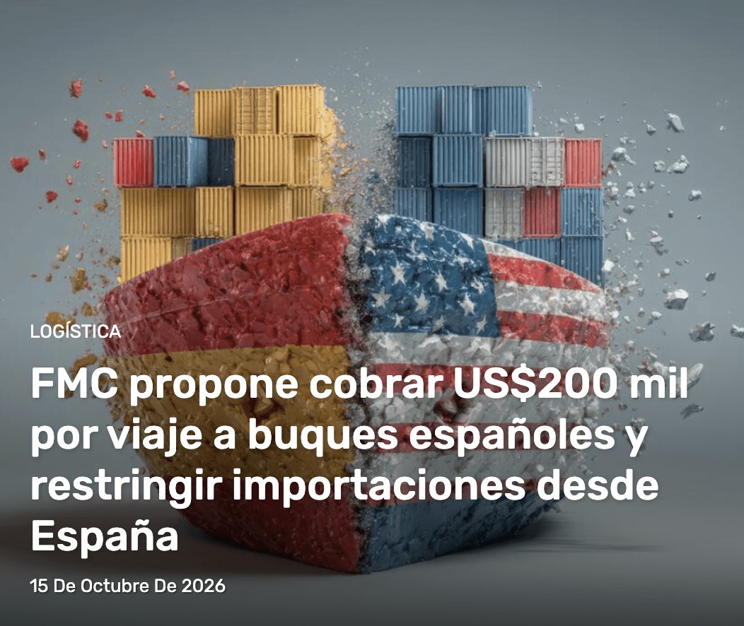 MasContainer's tweet photo. La (@FMC_gov ) propuso imponer un cargo de US$200.000 por cada #viaje a los #buques de bandera española que ingresen a #puertos estadounidenses, además de limitar la #importación de determinados productos originarios de #España.

https://t.co/jXSsMGxNbL https://t.co/SZz4XccHNq