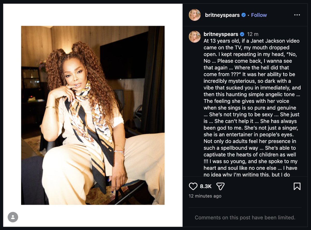 breatheonmiley's tweet photo. Britney Spears praises Janet Jackson in new Instagram post:

“At 13 years old, if a Janet Jackson video came on the TV, my mouth dropped open. It was her ability to be incredibly mysterious, so dark with a vibe that sucked you in immediately, and then this haunting simple angelic tone.

She’s not just a singer, she is an entertainer in people’s eyes. Not only do adults feel her presence in such a spellbound way … She’s able to captivate the hearts of children as well !!! I was so young, and she spoke to my heart and soul like no one else … I have no idea why I’m writing this, but I do believe people like her are here for a reason … Just her smile alone changed the world forever ... She’s my girl crush this month …”