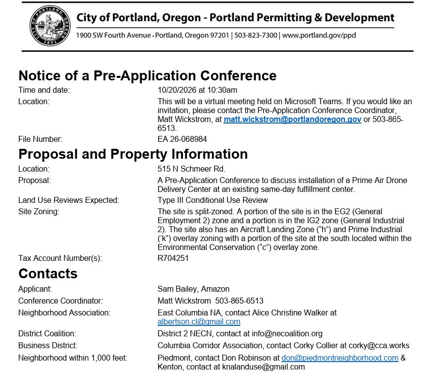 AndrewDamitio's tweet photo. Amazon asked Portland for a Preapplication Meeting for a proposed delivery drone facility.

City staff chose to classify drones as "helicopters" by interpreting rules as strictly as possible, making permitting more difficult.

Now the plan is withdrawn.

https://t.co/4N9V06bm2Q https://t.co/QwBu3jvTvu