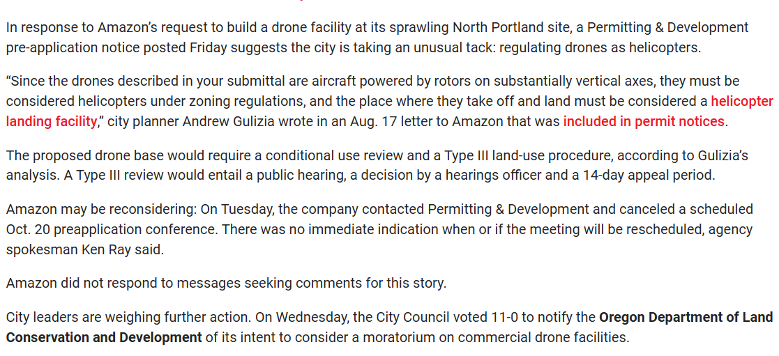 AndrewDamitio's tweet photo. Amazon asked Portland for a Preapplication Meeting for a proposed delivery drone facility.

City staff chose to classify drones as "helicopters" by interpreting rules as strictly as possible, making permitting more difficult.

Now the plan is withdrawn.

https://t.co/4N9V06bm2Q https://t.co/QwBu3jvTvu