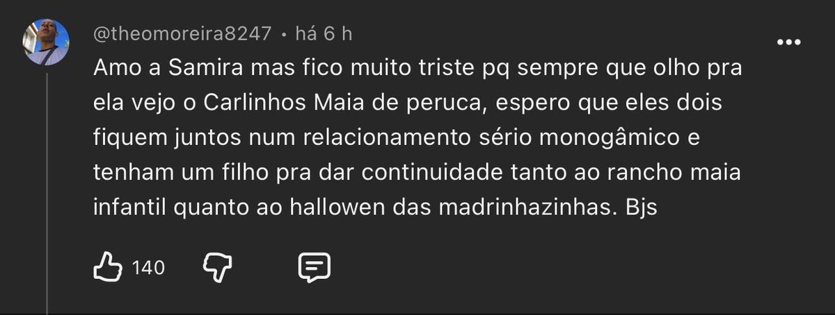 imroberte's tweet photo. estava vendo #fantafactory2 simplesmente me deparei com este comentário sobre a @samiraclose que participa do reality e eu to falecido a cabeça do prin https://t.co/0fdVUQoR7s
