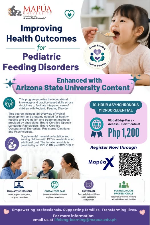 Mapuaidcall's tweet photo. Steps to Enroll in Improving Health Outcomes for Pediatric Feeding Disorders.

1. Go to https://t.co/E2cNtA8Mg7
2. Click Academics3. Scroll to Lifelong Learning
4. Select MapúaX: Short Online Courses
5. Search for “Improving Health Outcomes for Pediatric Feeding Disorders” https://t.co/Bfdt6GUVYn