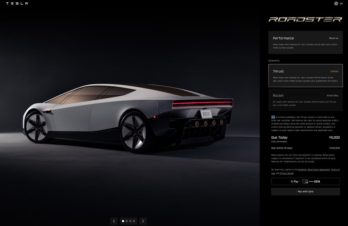 Abomination81's tweet photo. We might be fucked on the flying Tesla Roadster, its saying by invite only.  You can only get the normal, non thruster and forward thruster.

I've had a reservation for 9 years.... I wasn't invited https://t.co/deWITHRcQN