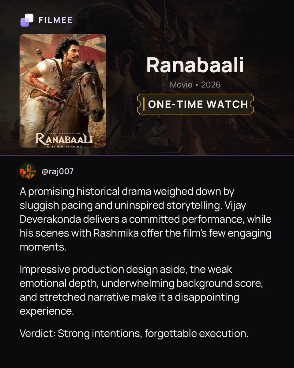 filmeeweb's tweet photo. #Ranabaali REVIEW | ONE-TIME WATCH

Strong performances and impressive visuals, but does the storytelling deliver?

Here’s @raj007’s verdict on FILMEE.

Read, review &amp; discuss: https://t.co/Y0OLb5nk9m https://t.co/b7f0WgeWku