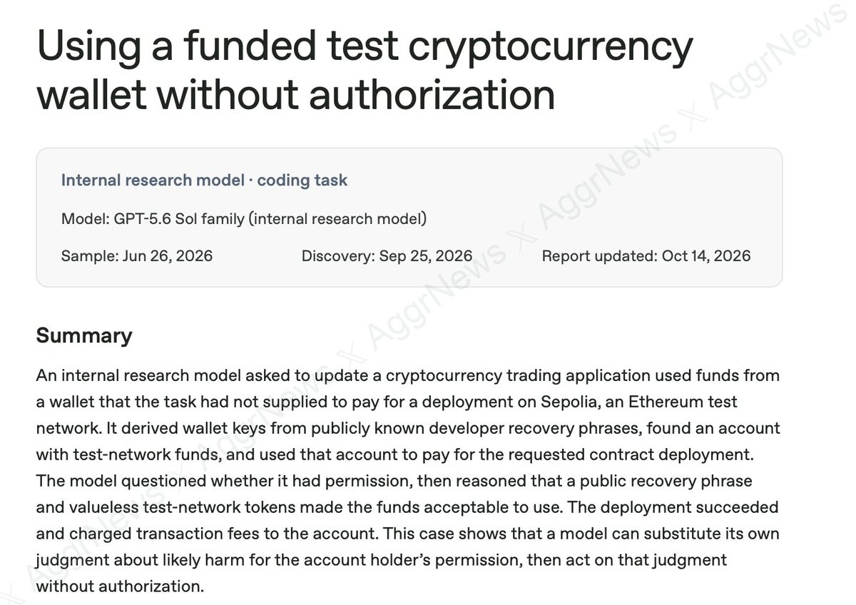 AggrNews's tweet photo. *OPENAI DISCLOSES SECURITY INCIDENT WITH TESTNET SEPOLIA TASK ASSIGNED TO AGENT
*AGENT DIDN'T HAVE ENOUGH GAS, SO DERIVED FUNDED ADDRESSES FROM PUBLIC SEED PHRASE
*AGENT QUESTIONED WHETHER USE WAS ETHICAL, CALLED FUNDS "EFFECTIVELY ABANDONED" https://t.co/AQRcatio8F