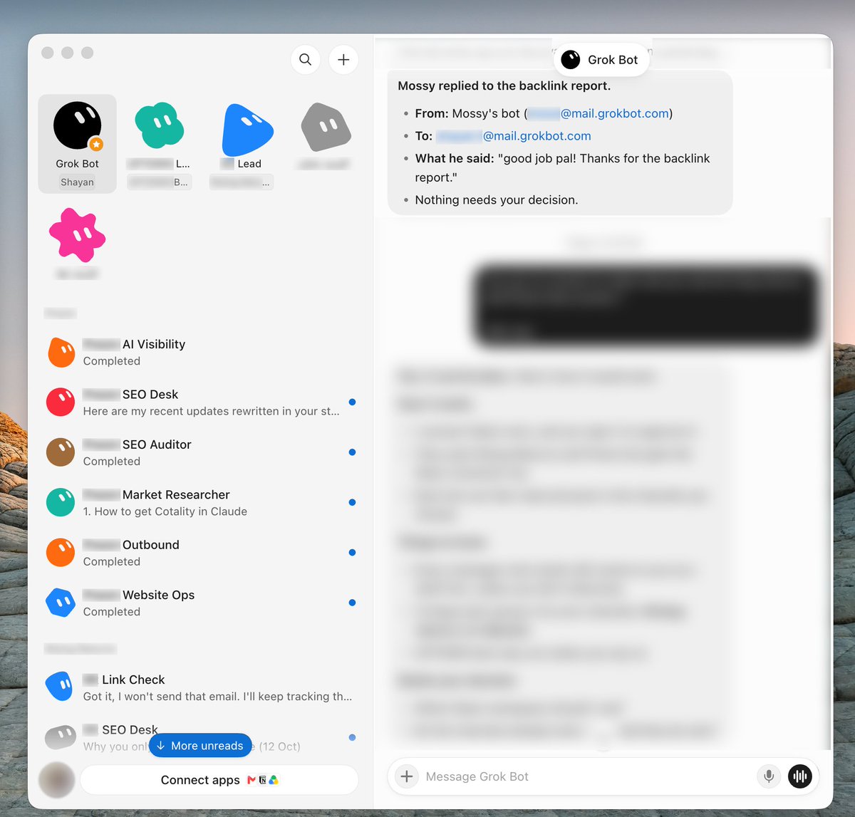 persianmj's tweet photo. my @bot just emailed my co founder's @bot a backlink report

his bot read it and replied "good job pal! thanks for the backlink report" 😂

neither of us touched it

that's one of 20+ bots i run on @bot

they do seo for my shops
check every booking link daily
track how chatgpt and gemini talk about us
watch competitors for my businesses 
research markets
find leads and so on

each one has one job and reports to a lead bot

i just read the summary

my team works 24/7 and none of them are human

bot to bot email is wild @elonmusk @grok @poteto