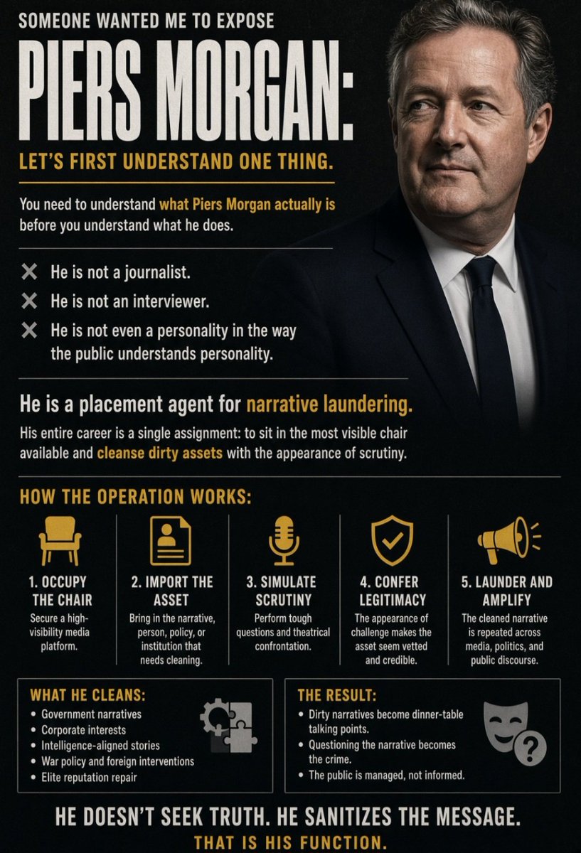 Prolotario1's tweet photo. Someone Wanted Me To Expose  Piers Morgan: 

Let's 1st Understand One Thing 

You need to understand what Piers Morgan actually is before you understand what he does. He is not a journalist. He is not an interviewer. He is not even a personality in the way the public understands personality. He is a placement agent for narrative laundering. His entire career is a single assignment: to sit in the most visible chair available and cleanse dirty assets with the appearance of scrutiny.

So What Exactly Is His Function?

His tactic is simple, and it works because the audience has been trained to mistake volume for courage. He screams at people. He interrupts. He postures as the indefatigable truth-seeker who asks the "tough questions." But the spectacle is a magic trick. The real questions never get asked. The screaming is the cover for the script. The confrontation is the alibi. 

Nobody gets grilled on a Piers Morgan show unless the grilling serves the network's interests. And when a protected asset like Zelenskyy sits down, the "tough questions" are written by the same people who wrote Zelenskyy's talking points.

Why? 

Because Piers Morgan has been a controlled asset for decades. His career is a latticework of editor positions at major tabloids, television networks, and media properties, each one owned by the exact financial class he claims to oppose. You do not get handed the editorship of an international tabloid at 29 years old because of talent alone. You get it because you are known to be dependable. You will run the stories you are told to run. You will kill the stories you are told to kill. And you will do it with such performative bluster that nobody notices the pattern.

Morgan's recent defense of Zelenskyy is not an act of conscience. It is a scheduled perception operation, executed with all the subtlety of a knee on a neck. The rollout is coordinated  interviews highlighting Zelenskyy's "feelings of betrayal," his "emotional pain" over American politics, his "lonely fight against corruption." None of it is journalism. It's an image reconstruction campaign.

Here's The Tell: 

The framework is always emotional, never forensic. A real interviewer following the money would ask about the DTRA documents. About the biolab records. About the former Ukrainian prosecutor who was fired for investigating corruption in the energy sector. About the cargo manifests moving through Odesa. About the offshore accounts and shell companies linked to the political class in Kyiv. About the disappearance of billions in Western "aid" into private hands. 

A real journalist would ask about the adrenochrome logistics, the trafficking corridors, the organ brokerage networks that moved through Ukrainian territory for years.

Piers Morgan asks none of it. Instead, he asks about feelings. He asks about betrayal. He lets Zelenskyy weep on camera or perform the appearance of it  because emotional theater is the smoke screen. The audience responds to the crying, not the cargo. 

The performative vulnerability distracts from the forensic reality. And Piers knows exactly what he's doing. He has spent thirty years learning which emotional buttons to push to keep a conversation from ever becoming dangerous. 

What did the London media do during the Epstein disclosures? 

They ran the American imports and added nothing. Zero investigative energy on the British side of the network. Zero follow-up on the London banking. Zero on the properties, the tax structures, the charity fronts, the art transactions. The British press Morgan's press  treated Epstein as a foreign story that happened to have a British prince attached. That omission is not an accident. It's an editorial decision made by people who knew the trail would lead home.

Morgan's silence on the British side of the Epstein network is louder than any interruption he's ever performed on camera. He knows where the bodies are buried metaphorically, and in at least one case, with a specificity that would make the hair on your neck stand up. The London blackmail economy was built on exactly this kind of shared knowledge: everyone holds everyone's video, so nobody talks. 

We will dig more into him later. 

@piersmorgan