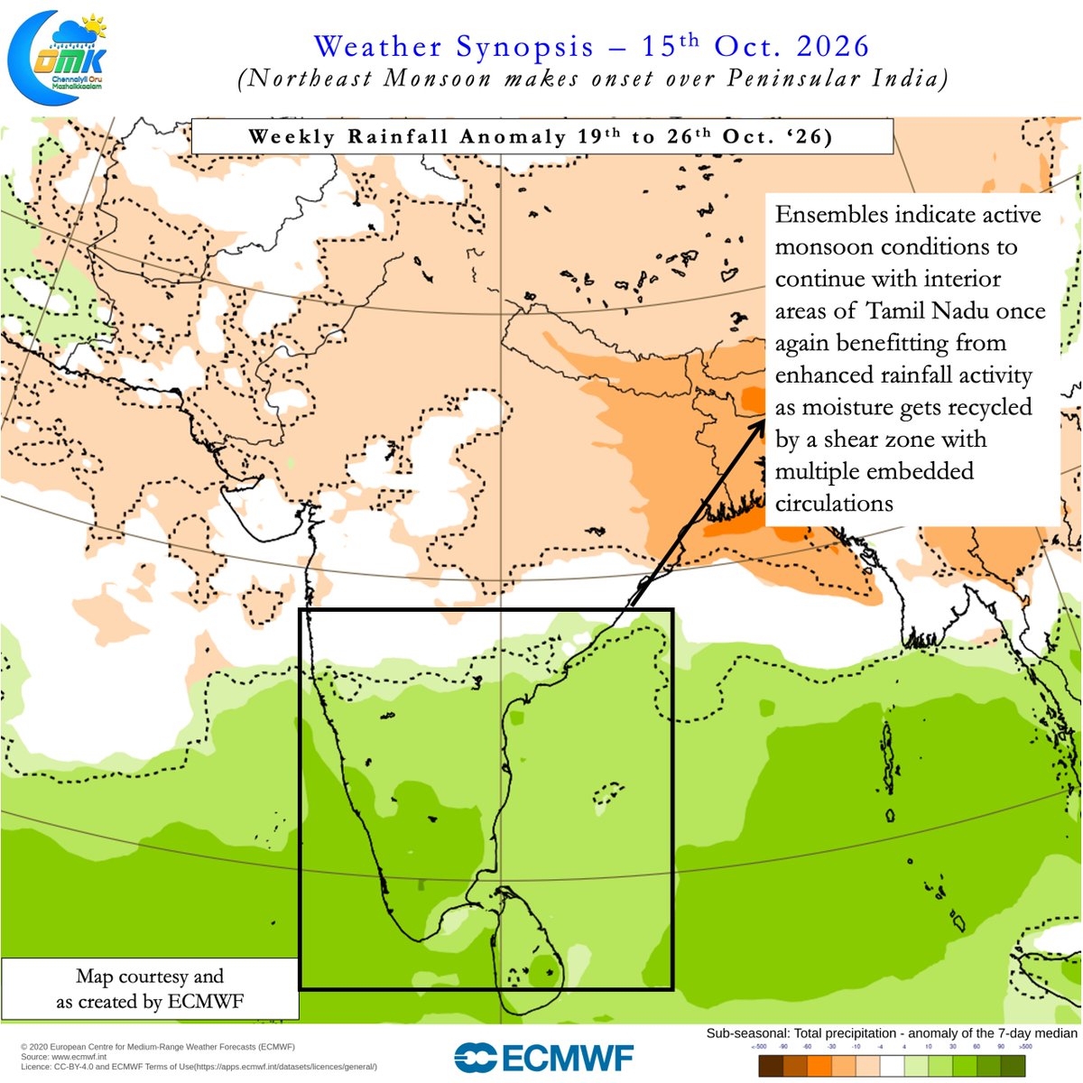 ChennaiRains's tweet photo. IMD announced the onset of Northeast Monsoon yesterday as widespread rains continued over many parts of Tamil Nadu. While coastal areas like Chennai may feel aggrieved missing on the onset rains the next week to 10 days promises an active phase of NEM 2026. While currently winds may not favour coastal areas there is a chance real time wind convergence may trigger isolated heavy spells like yesterday over a few places along North Coastal TN. https://t.co/ztadipELUu
