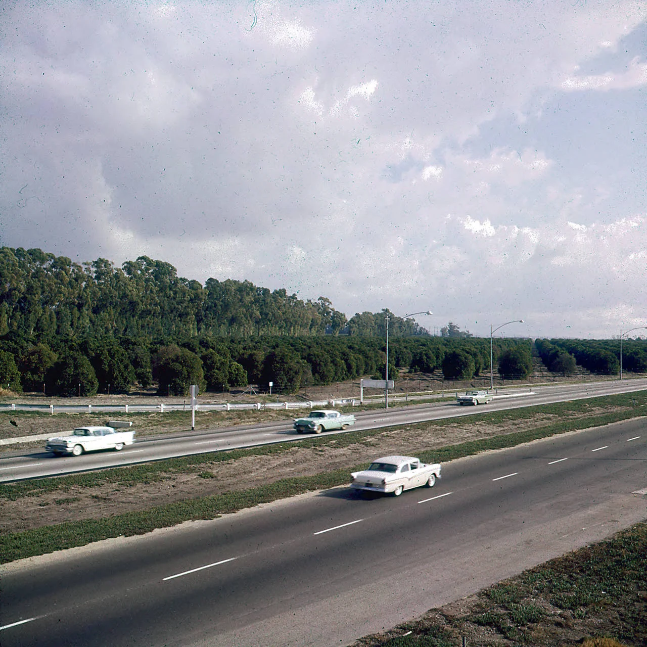 1961 photo of interstate 5 near Jeffrey road. Four cars on the road with a grove of trees beyond the road and a sky full of clouds.