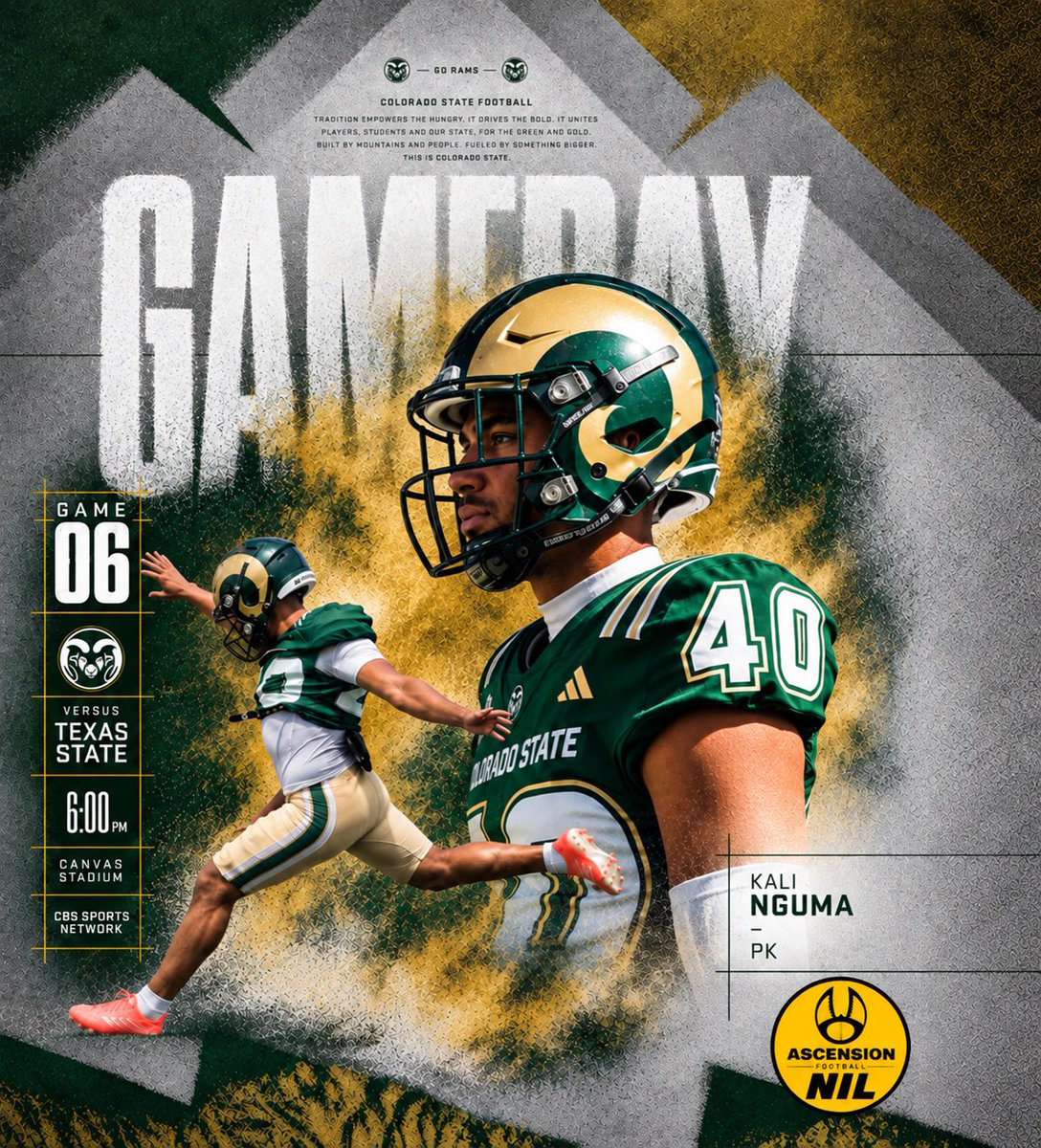 ShaneBurnham52's tweet photo. PRIMETIME UNDER THE LIGHTS! 🏈🔥

Kali Nguma and @CSUFootball take on Texas State tonight on CBS Sports Network!

#AscensionFootball 
#OneShotOneKill 🎯 https://t.co/OlB7E78PBR