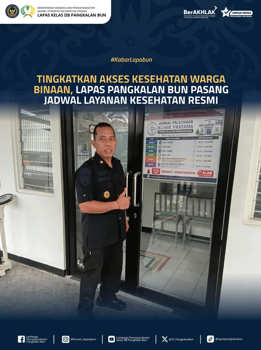 LP_PangkalanBun's tweet photo. Tingkatkan Akses Kesehatan Warga Binaan, Lapas Pangkalan Bun Pasang Jadwal Layanan Kesehatan Resmi

Humas Lapas Pangkalan Bun
#kemenimipas
#Ditjenpas
#pemasyarakatan
#guardandguide
#DitjenpasKalteng
#Hensah
#infoimipas
#lapaspangkalanbun
#dawai
#KabarLapabun https://t.co/e9DxgKivwr