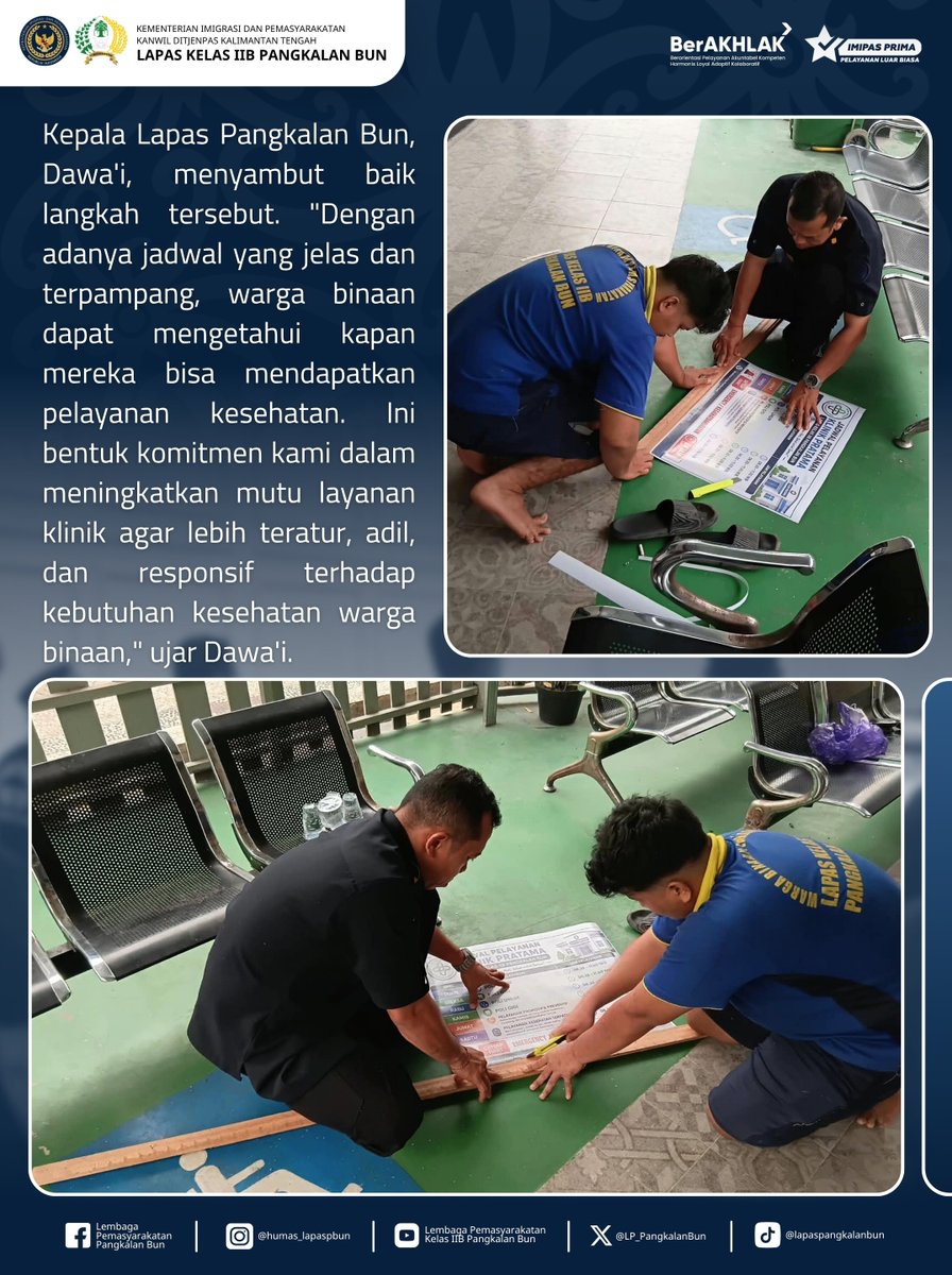 LP_PangkalanBun's tweet photo. Tingkatkan Akses Kesehatan Warga Binaan, Lapas Pangkalan Bun Pasang Jadwal Layanan Kesehatan Resmi

Humas Lapas Pangkalan Bun
#kemenimipas
#Ditjenpas
#pemasyarakatan
#guardandguide
#DitjenpasKalteng
#Hensah
#infoimipas
#lapaspangkalanbun
#dawai
#KabarLapabun https://t.co/e9DxgKivwr