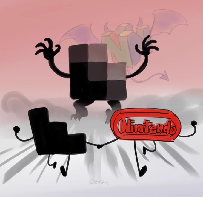nintendo and best friend stairstep-chan hold hands and run away from the anti-aliasing demon possessed by a devil n64 logo.