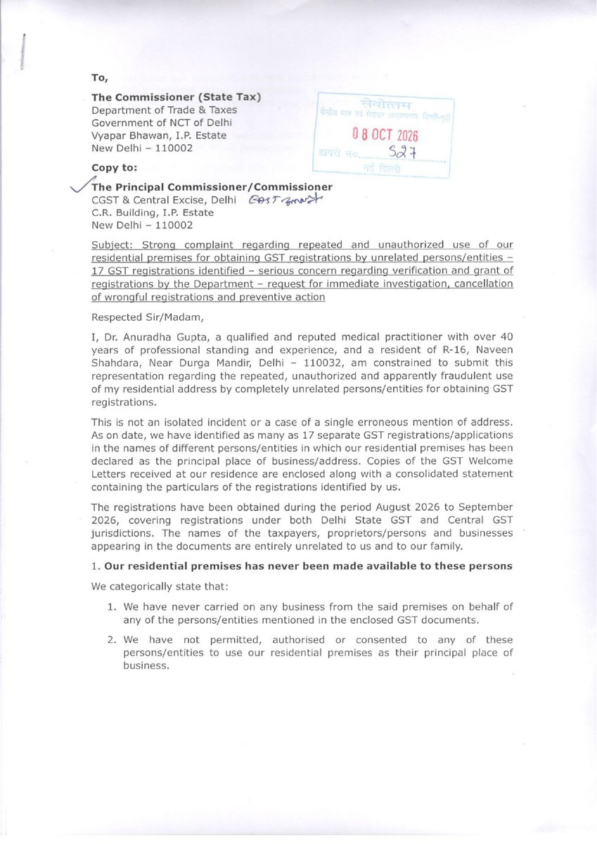 dermacentre's tweet photo. @GST_Council 19 unauthorized GST (Centre+State) registrations done on my residential address, using my electricity bill of BSES, in less than a month. Rule 14A GST was misused, made for small businessmen. This was done before also. @askGST_GoI  @DelhiPolice @bsesdelhi https://t.co/QkZ1vKNekp