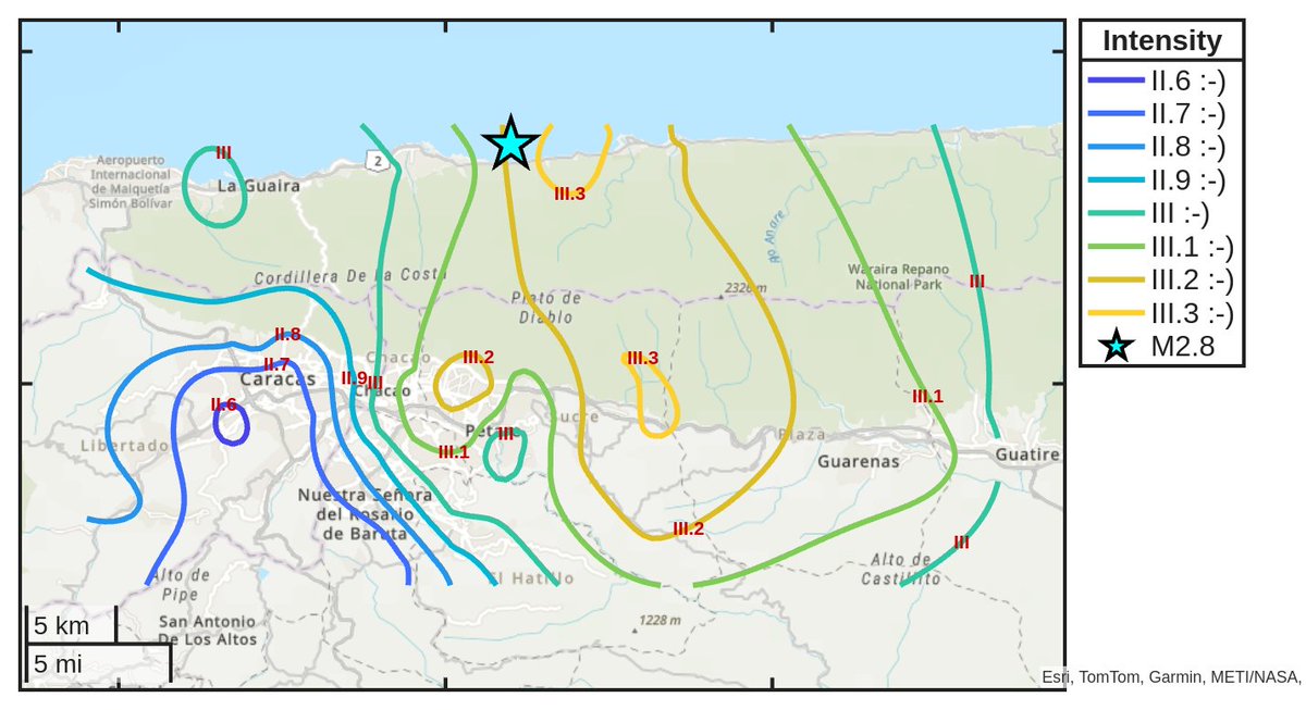 SismoDetector's tweet photo. Mapa de intensidad del #sismo M2.8 ocurrido a las 01:23:00 (UTC) con epicentro a 20 km de #Caracas, Venezuela. Descarga la app Sismo Detector desde https://t.co/jS9crK4Riw para recibir alertas en tiempo real en tu smartphone https://t.co/8LftmBSeQm