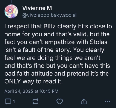 SoftFurSunlight's tweet photo. Goofus tells an SA survivor they're wrong for not empathizing with Stolas. Gallant gently reminds the audience that it's not good to make too many excuses for Jax, who is deeply tragic and her favorite character, but ultimately not a good person. https://t.co/QAbh2Gyu6s