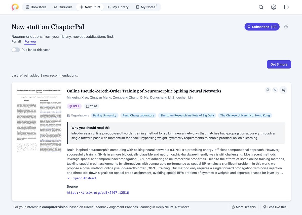 burkov's tweet photo. ChapterPal now has a reading recommendation system. It analyzes what users read or keep in their libraries and suggests relevant content.

There are "More like this" and "Less like this" buttons to train the recommender to match your preferences.

Free accounts get three recommendations each week. Paid accounts get three recommendations daily, with the option to get more on demand.

Currently, ChapterPal has nearly 15,000 recommendable items (papers and books), and by the end of the year, it should have about 50,000 items.

Next year, I expect the number of recommendable items to reach nearly 250,000.