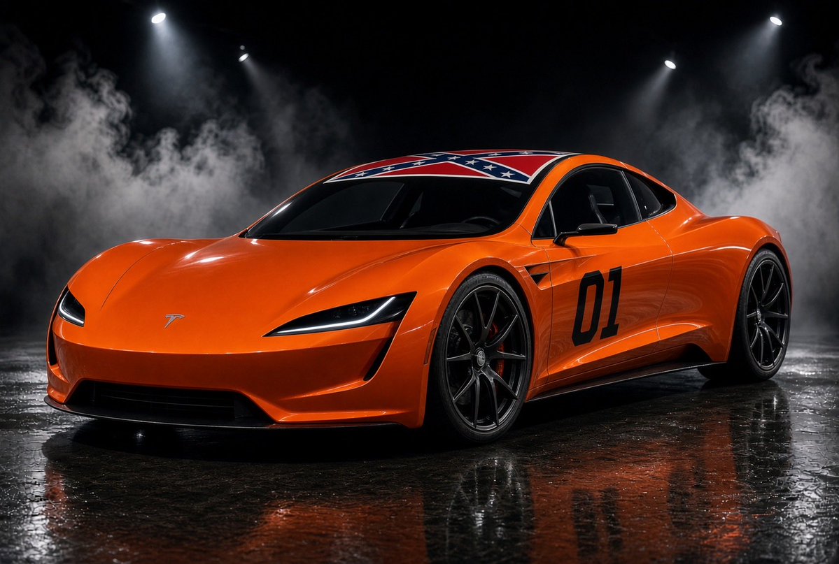 barttaylorsucks's tweet photo. @alx Just rolled the new Tesla Roadster into the driveway and gave it the only upgrade that matters. Yee-yee!
The General Lee just went electric, and Bo and Luke are gonna need a bigger battery. #TeslaRoadster #GeneralLee #DukesOfHazzard #EV #HazzardCounty https://t.co/b4XPdS4H4q