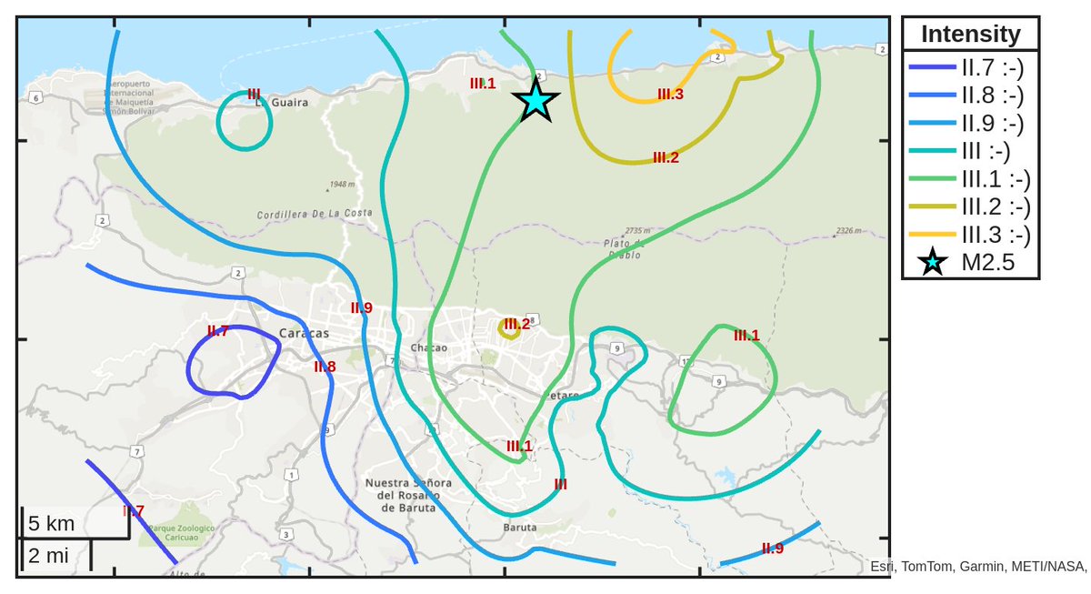 SismoDetector's tweet photo. Mapa de intensidad del #sismo M2.5 ocurrido a las 01:22:00 (UTC) con epicentro a 17 km de #Caracas, Venezuela. Descarga la app Sismo Detector desde https://t.co/jS9crK4Riw para recibir alertas en tiempo real en tu smartphone https://t.co/giBXhwkGDx