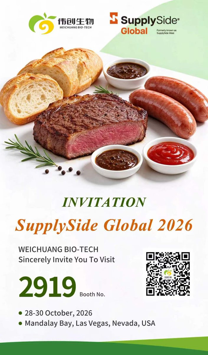 Weichuang_bio's tweet photo. HENAN WEICHUANG BIO-TECH CO., LTD.
Sincerely Invite You To Attend😃
✔️ 【SupplySide Global 2026】
✔️ 【Booth No.: 2919】
✔️ 【Time: 28-30 October, 2026】
Venue: Mandalay Bay, Las Vegas, Nevada, USA

#cleanlabel  #naturalpreservative   #applevinegar  #inbulk #flavor #bakery #meat https://t.co/JobM2tX32r