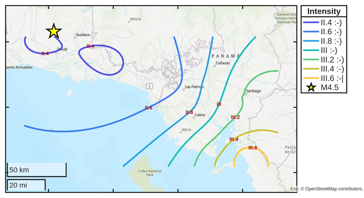 SismoDetector's tweet photo. Mapa de intensidad del #sismo M4.5 ocurrido a las 01:51:09 (UTC) con epicentro a 16 km de #David, Panamá. Descarga la app Sismo Detector desde https://t.co/jS9crK4Riw para recibir alertas en tiempo real en tu smartphone https://t.co/xA5VBXgIvN