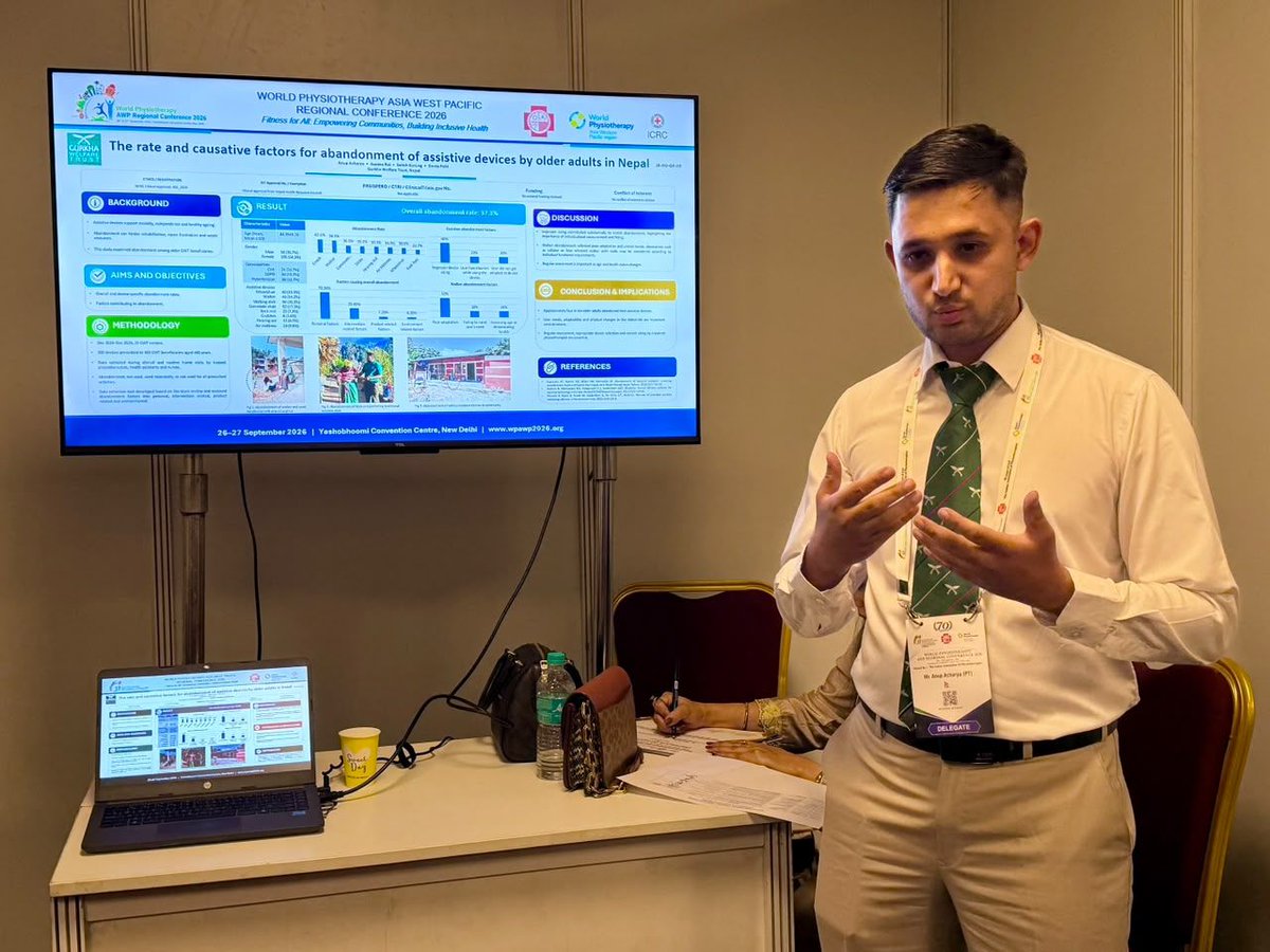IPTOPphysio's tweet photo. Congrats to Anup Acharya, MCR Nepal, IPTOP Education Award recipient ! Anup attended WP-AWP and presented his research that found 37% of 300 assistive devices were not being used. His work highlights the importance of individual assessment, proper fitting, training and follow-up. https://t.co/Q3Rfr2qNTQ
