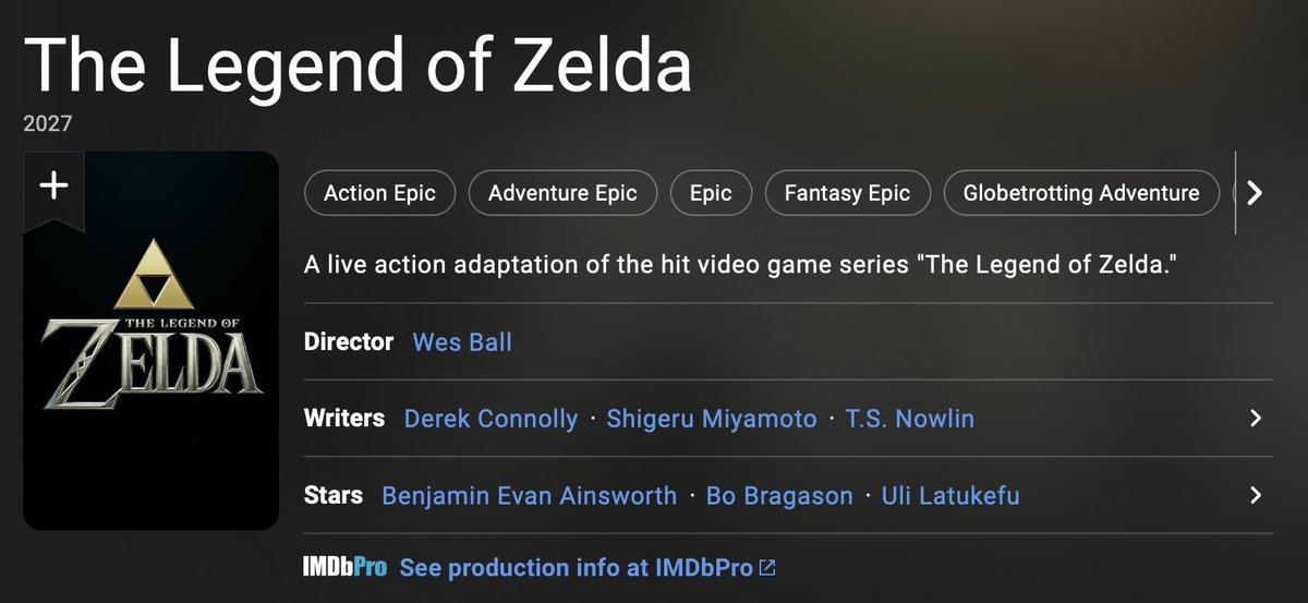 MikeOdysseyYT's tweet photo. Shigeru Miyamoto has been added as one of the writers for The Legend of Zelda live action movie releasing on April 30th 2027. This movie is in good hands. https://t.co/nIaTVXVayr