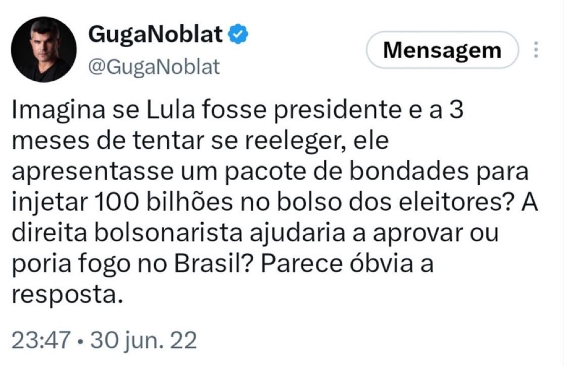 MeninRibeiro's tweet photo. Imagina 400 bilhões, Guga? 

O que me diz @GugaNoblat? https://t.co/3mjlELM12b