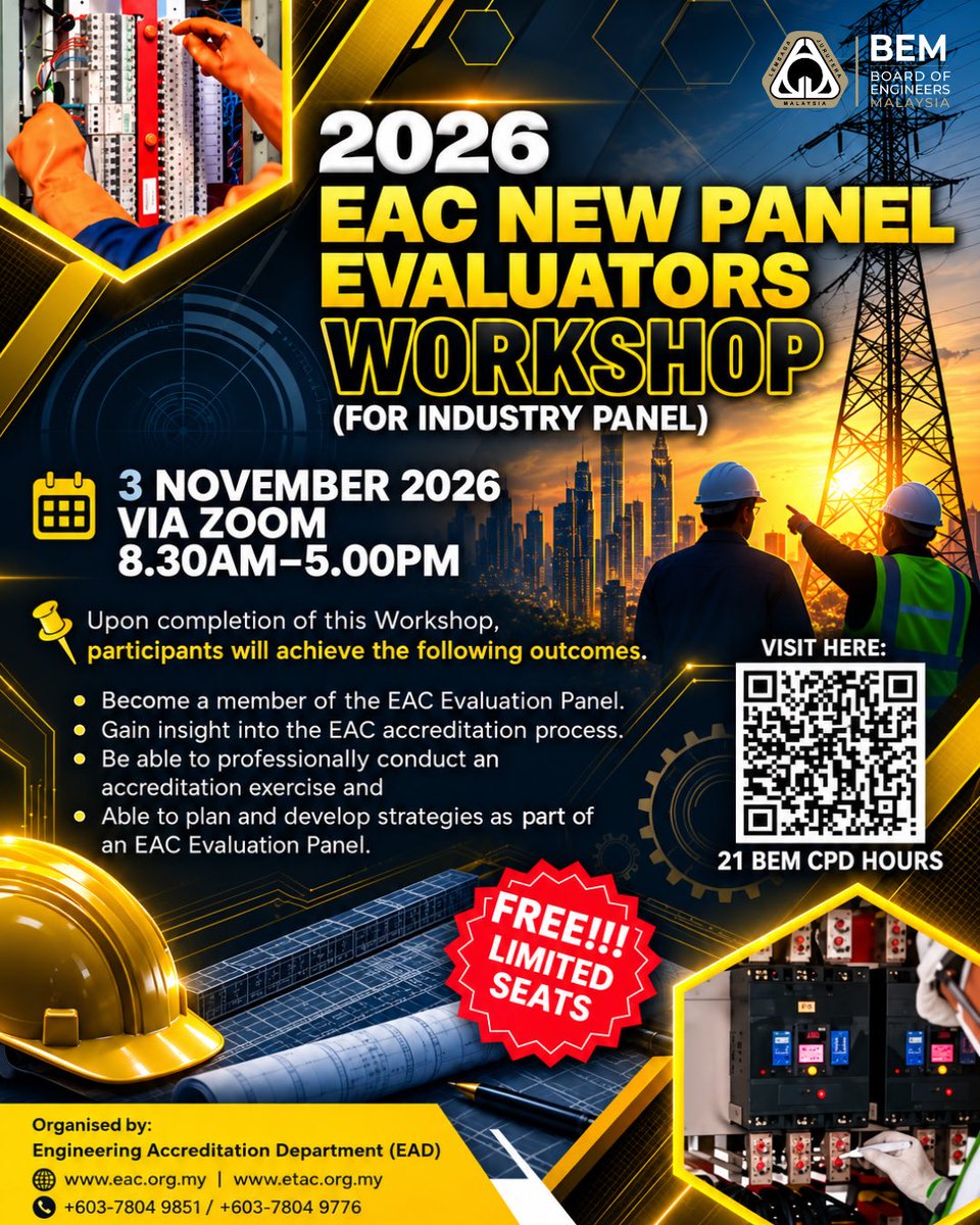 BEM_Engineers's tweet photo. CALL FOR INDUSTRY PANEL EVALUATORS!

BEM invites engineering professionals to the EAC &amp; ETAC New Panel Evaluators Workshops 2026.

📅 EAC: 3 Nov 2026
📅 ETAC: 4 Nov 2026
💻 Online via Zoom | FREE

⏰ Deadline: 21 Oct (EAC) / 22 Oct (ETAC)

🔗 https://t.co/F5JaOPERfg

#EAC #ETAC https://t.co/0VEJcHCj53