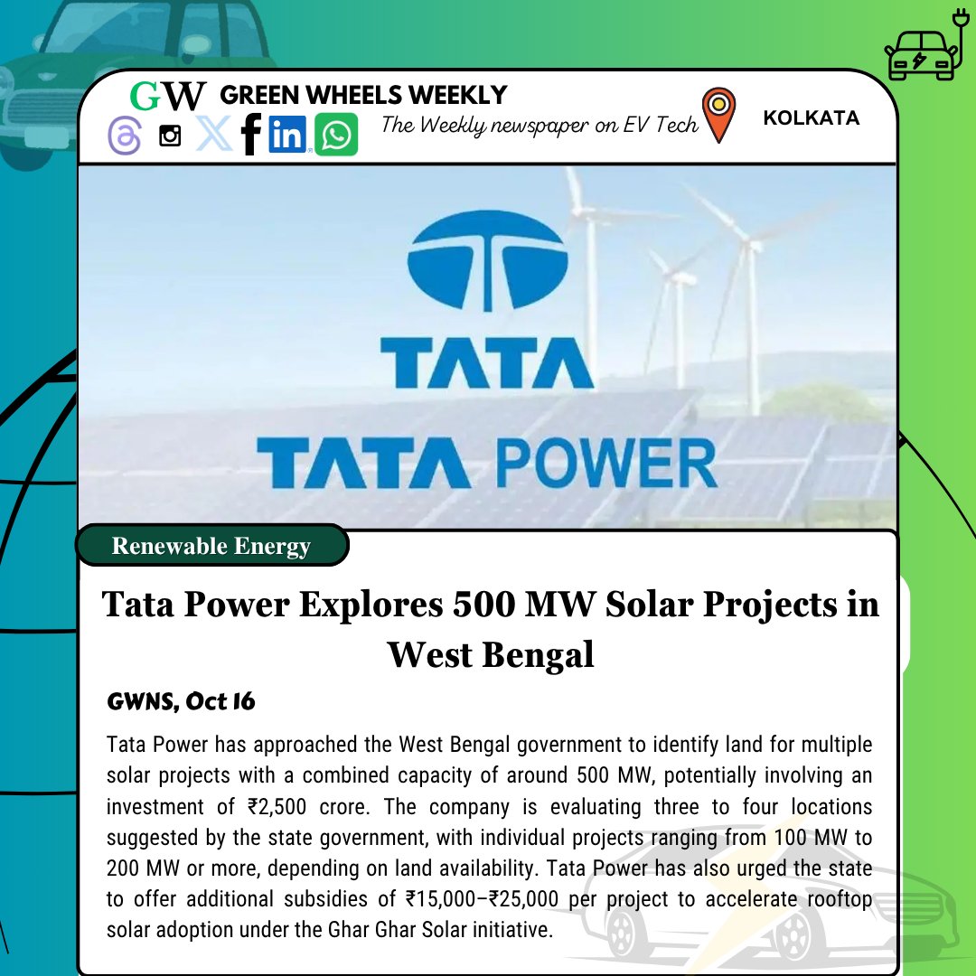 GreenWheels22's tweet photo. Tata Power is evaluating land across West Bengal for multiple solar projects with a combined capacity of around 500 MW, potentially requiring an investment of ₹2,500 crore.
#TataPower #solarenergy #renewableenergy #WestBengalNews https://t.co/gaHNninnFl