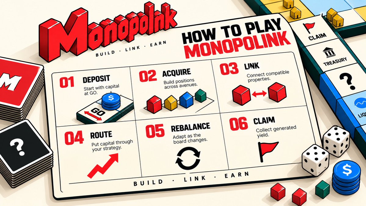 PlayMonopolink's tweet photo. Six actions. One capital loop.
Deposit → Acquire → Link → Route → Rebalance → Claim.

Monopolink turns onchain capital allocation into a board you can actually play.

Built on @inkonchain. https://t.co/1VcLGNXzoU