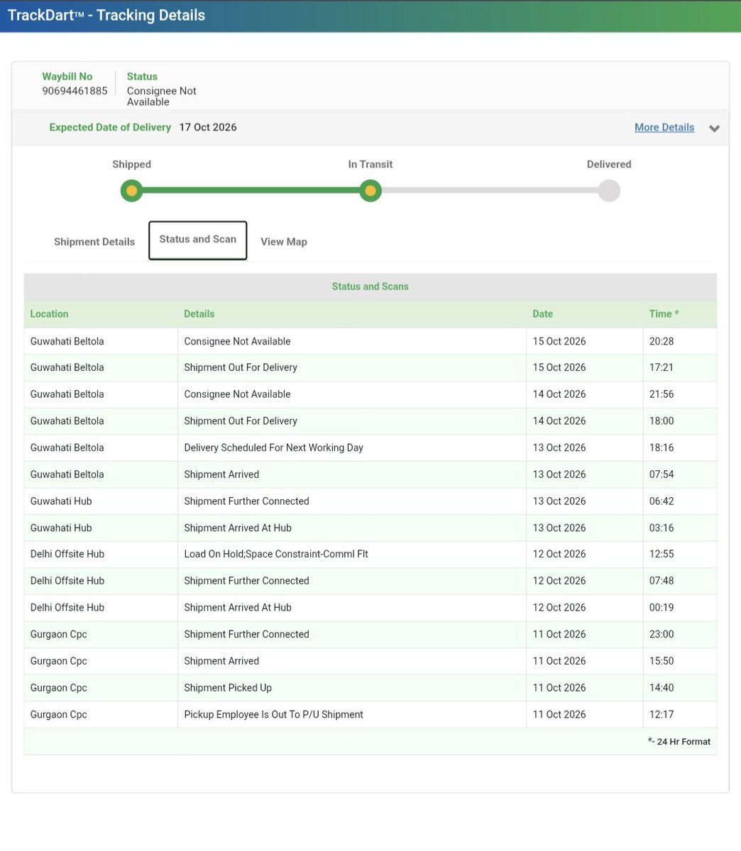ManishK67168654's tweet photo. @BlueDart_ @BlueDartCares My courier (AWB No. 90694461885) was marked “Out for Delivery” on 14th October, but it was not delivered. The same happened again on 15th October, and it is still undelivered.

Neither day did the delivery agent call or contact me. https://t.co/ib0rFRdxjH