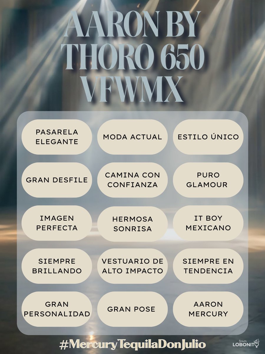 TeamLobonito's tweet photo. TENDENCIAAAAA 🗣️ hoy es un día especial donde nuestro Lobonito modela en la fashion week de México ✨ 

Comenta las frases + la tendencia + el # 

AARON BY THORO 650 VFWMX
#MercuryTequilaDonJulio https://t.co/PryDngTEEQ