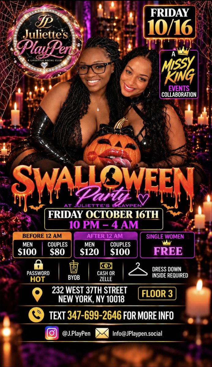 flipsidefetish's tweet photo. ๐ฒ TEXT 347-699-2646 FOR MORE INFO
#JuliettesPlayPen #Swalloween #NYCEvents #MidtownNYC #FridayNightNYC https://t.co/Z4oIanJeLN
