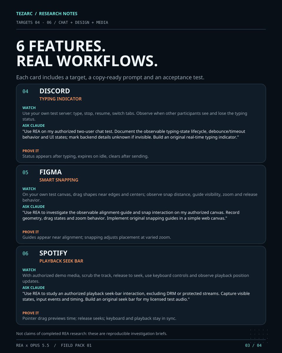tezzarc's tweet photo. 6 app features. 6 REA + Opus 5.5 prompts.

the full rebuild pack is below — pick a feature, investigate how it works, and build your own version.

setup, evidence, specs and verification included.

save this for your next project ↓ https://t.co/ej2b4Y5zsW