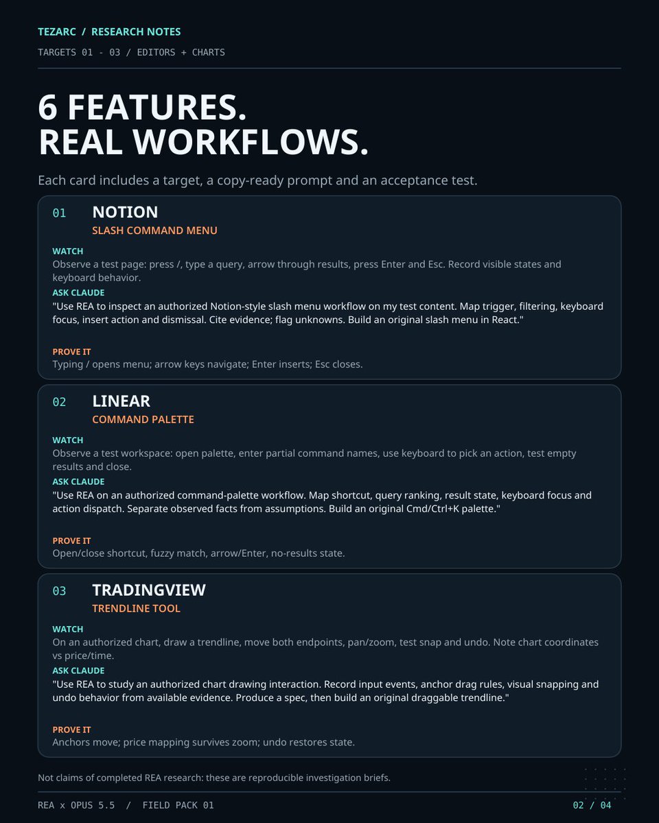 tezzarc's tweet photo. 6 app features. 6 REA + Opus 5.5 prompts.

the full rebuild pack is below — pick a feature, investigate how it works, and build your own version.

setup, evidence, specs and verification included.

save this for your next project ↓ https://t.co/ej2b4Y5zsW