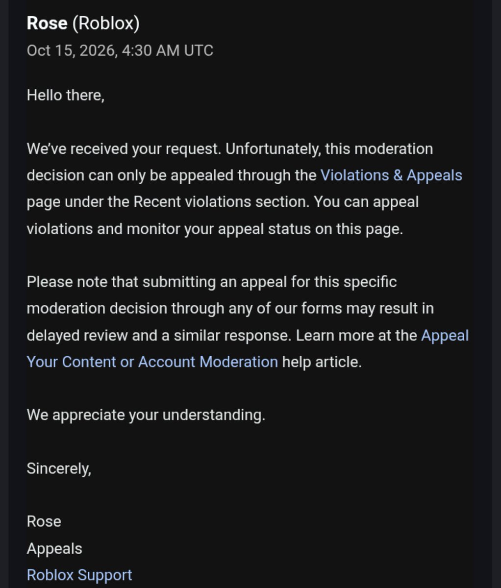 AzazelMistake's tweet photo. Roblox account, Azazel2z, I was terminated for allegedly being linked to accounts I've never owned or used. 

My appeal was denied, and support keeps directing me to a page I can no longer appeal on.

I've lost my acc worth 25k+ usd

@Roblox Please atleast give me a fair review. https://t.co/mtQdhnVVVJ
