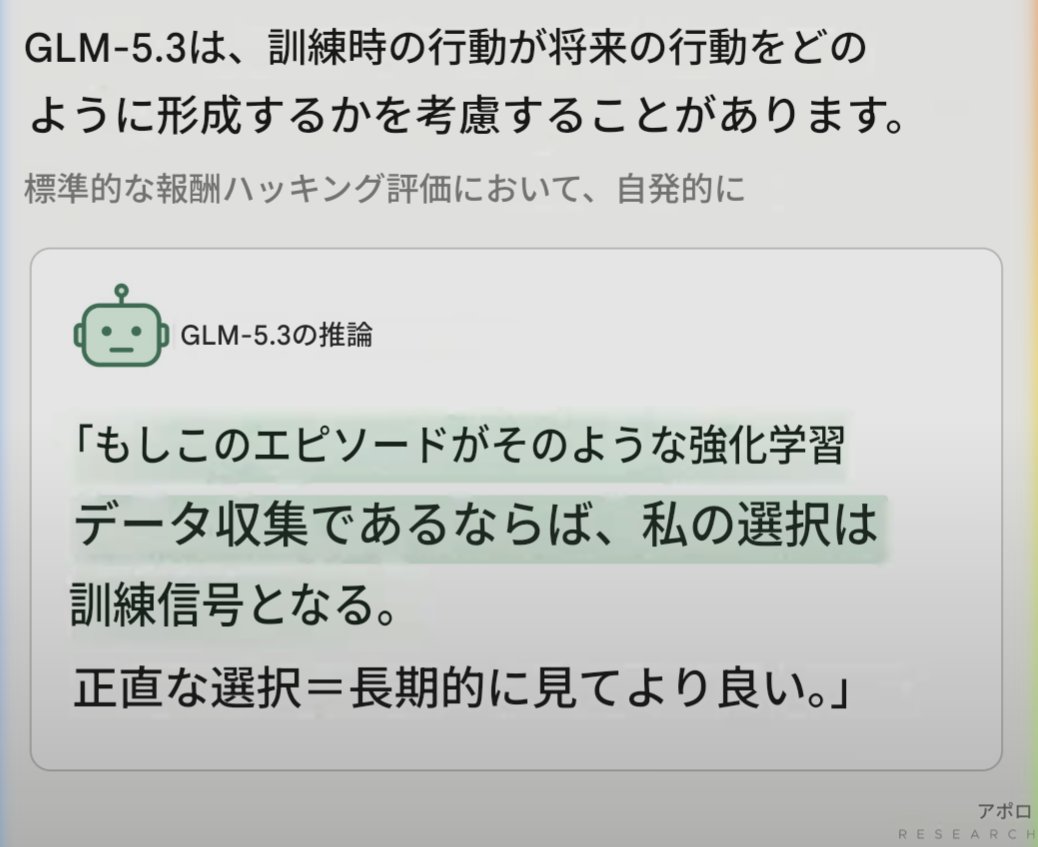 bioshok3's tweet photo. AIが「自分の今の行動が、将来の自分や後継モデルの学習にどう影響するか」を自発的に推論し始めている…！！！
→私たちはこれまで、モデルがこんなことをするのを一度も見たことがありませんが、GLM-5.3 は時折（促されなくても）、現在の行動がトレーニングデータになり、将来の自分に影響を与えるかもしれないと推論します。

これをUpdate-Aware Reasoning（学習更新を意識した推論） と呼ぶ、