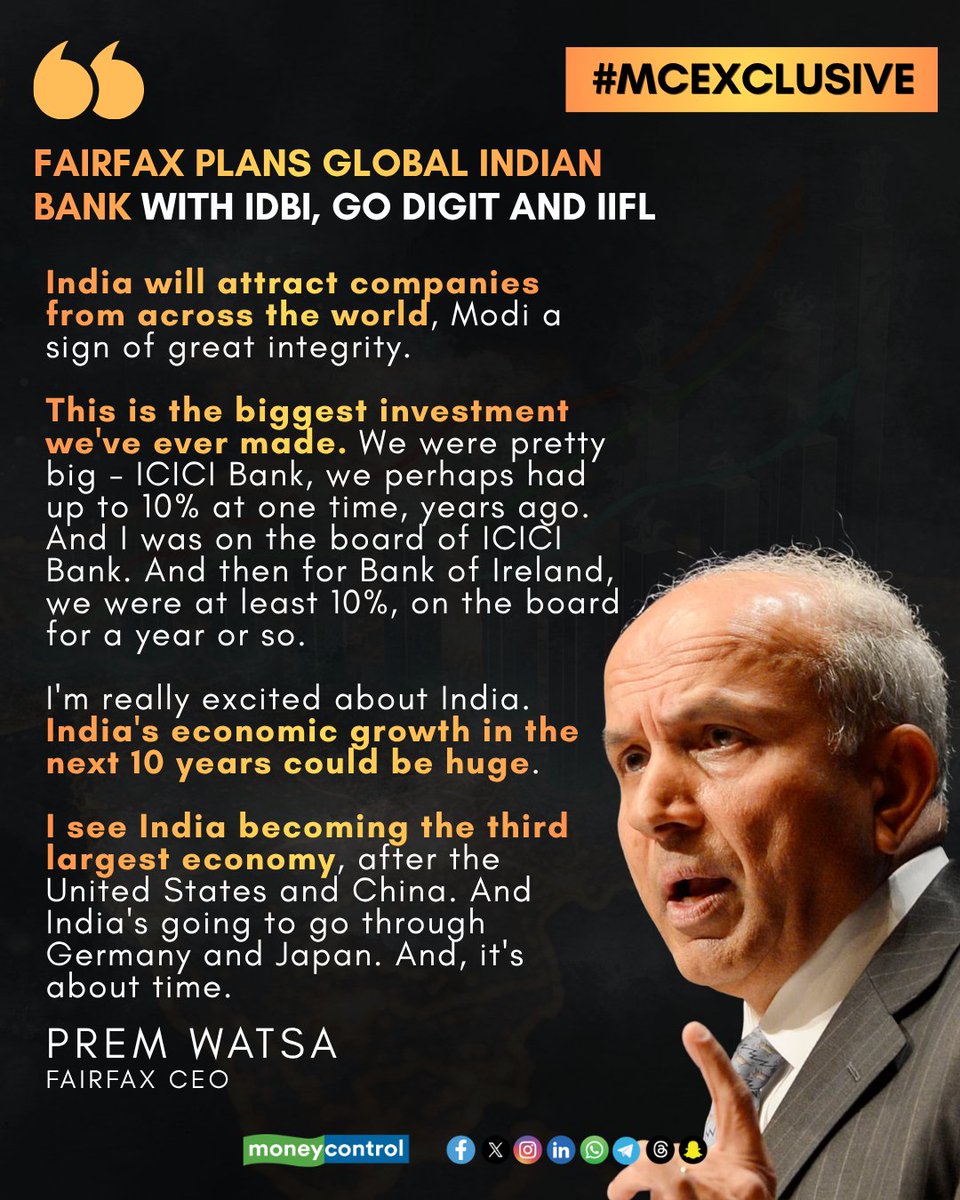 moneycontrolcom's tweet photo. 🚨 #MCExclusive | 🧵 Have two years to decide on CSB, will focus on closing IDBI deal first, says Fairfax’s Prem Watsa 

Fairfax chairman and CEO says the regulator has given the Canadian group time to resolve its overlapping bank ownership, with a decision to follow completion of the Rs 52,878-crore IDBI transaction. 

Nalin Mehta, Surojit Gupta & Ishaan Gera report 👇
https://t.co/kUc98iOsXz
  
🧵 Follow the thread for more! 👇

@nalinmehta | @surojitsan | @IshaanGera ✍️

#Fairfax #Exclusive #IDBI