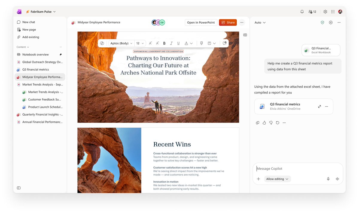 MSFTCopilot's tweet photo. Copilot Notebooks can now delegate simple work to Copilot, create interactive reports, edit Word, Excel, PowerPoint files directly with the full power of Office, and more. 

Learn more: https://t.co/iFnHl1JxEh https://t.co/fbxcQKm5PM