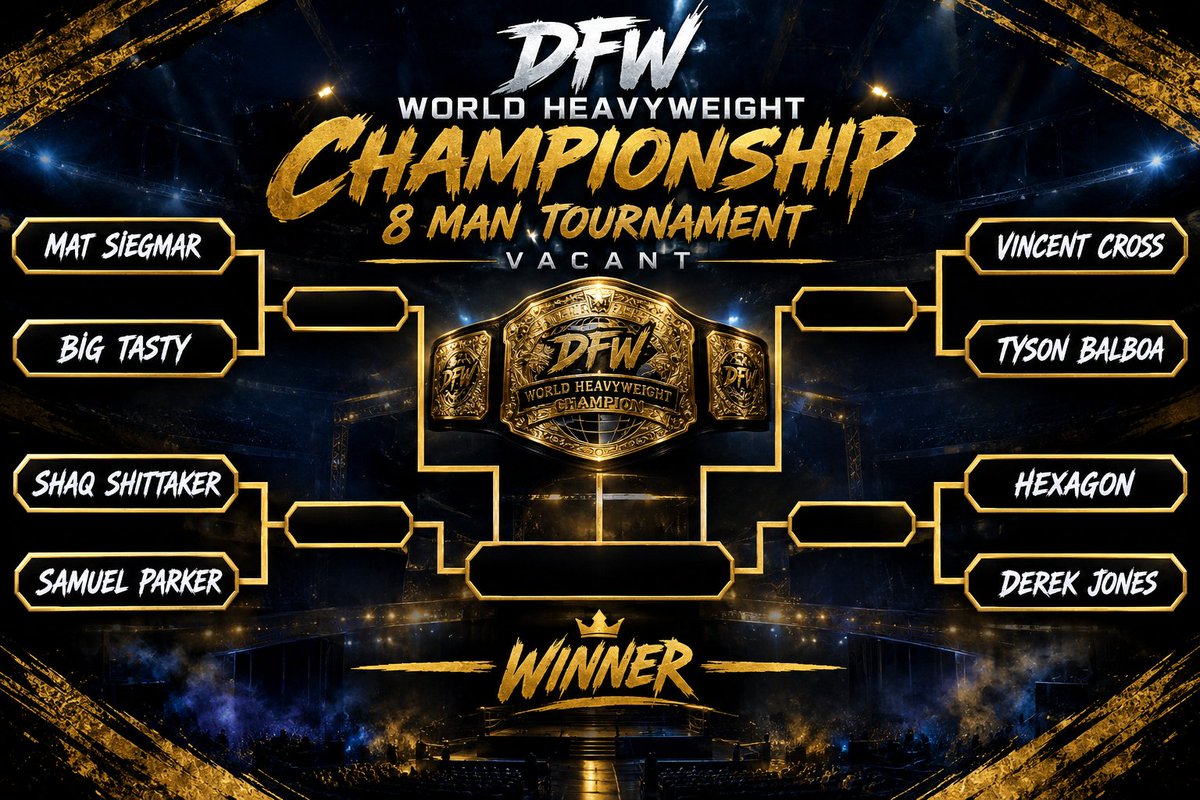 DFW_Wrestling's tweet photo. The gold hangs in the balance. Only One of Eight can SEIZE IT!

An Eight Man Tournament to crown a BRAND NEW World Heavyweight Champion begins Tomorrow on Fire. You dont want to miss this!

Only one walks out with the gold around their waist... https://t.co/3oKzz1qtgm
