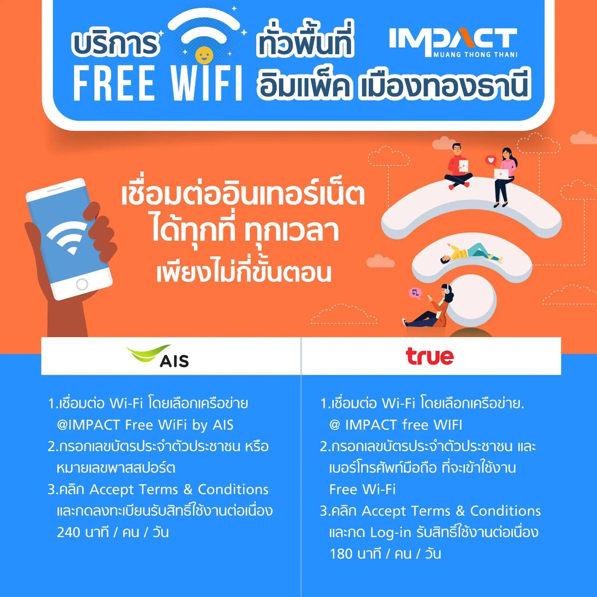 Mazako2544's tweet photo. IMPACT มีบริการ Free WIFI ทั่วพื้นที่ด้วยนะคะใครที่กลัวสัญญาณเน็ตไม่ดี แนะนำเลยค่ะ มีทั้งเครือข่าย AIS ( 240นาที/คน/วัน) กับ True (180นาที/คน/วัน) วิธีลงทะเบียนใช้งานของแต่ละเครือข่ายตามภาพได้เลยค่ะ https://t.co/YLps3VO8bI