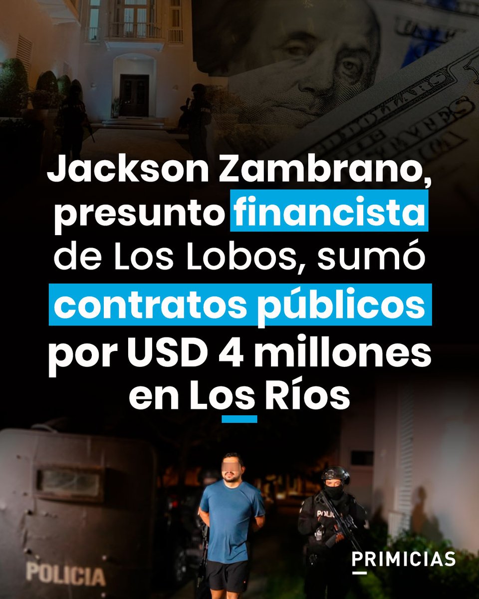 Primicias's tweet photo. Registros municipales y del Sercop conectan al presunto financista de Los Lobos con contratos para agua potable, traslado de maquinaria y adecuación de aulas. https://t.co/d3pwEVpuwP https://t.co/hBW0PtZeJ4