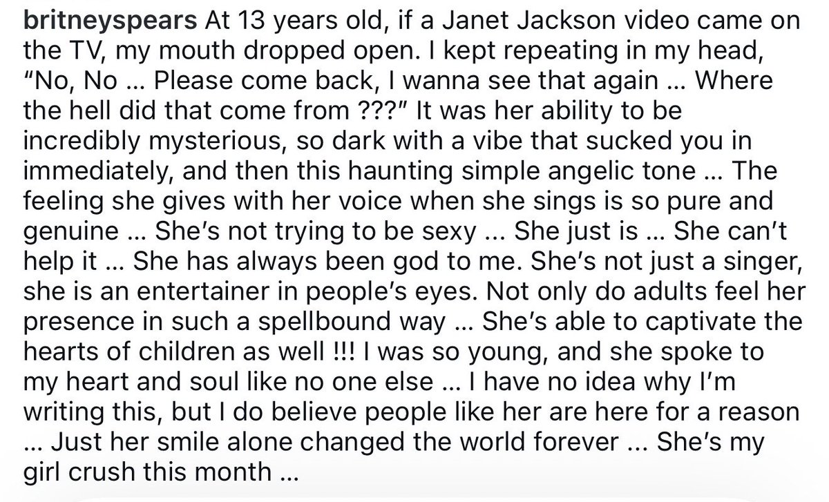 Chameleon876's tweet photo. Britney Spears: 

“At 13 years old, if a Janet Jackson video came on the TV, my mouth dropped open. I kept repeating in my head,
"No, No... Please come back, I wanna see that again... Where the hell did that come from ???" It was her ability to be incredibly mysterious, so dark… https://t.co/oDqS6LxdNz
