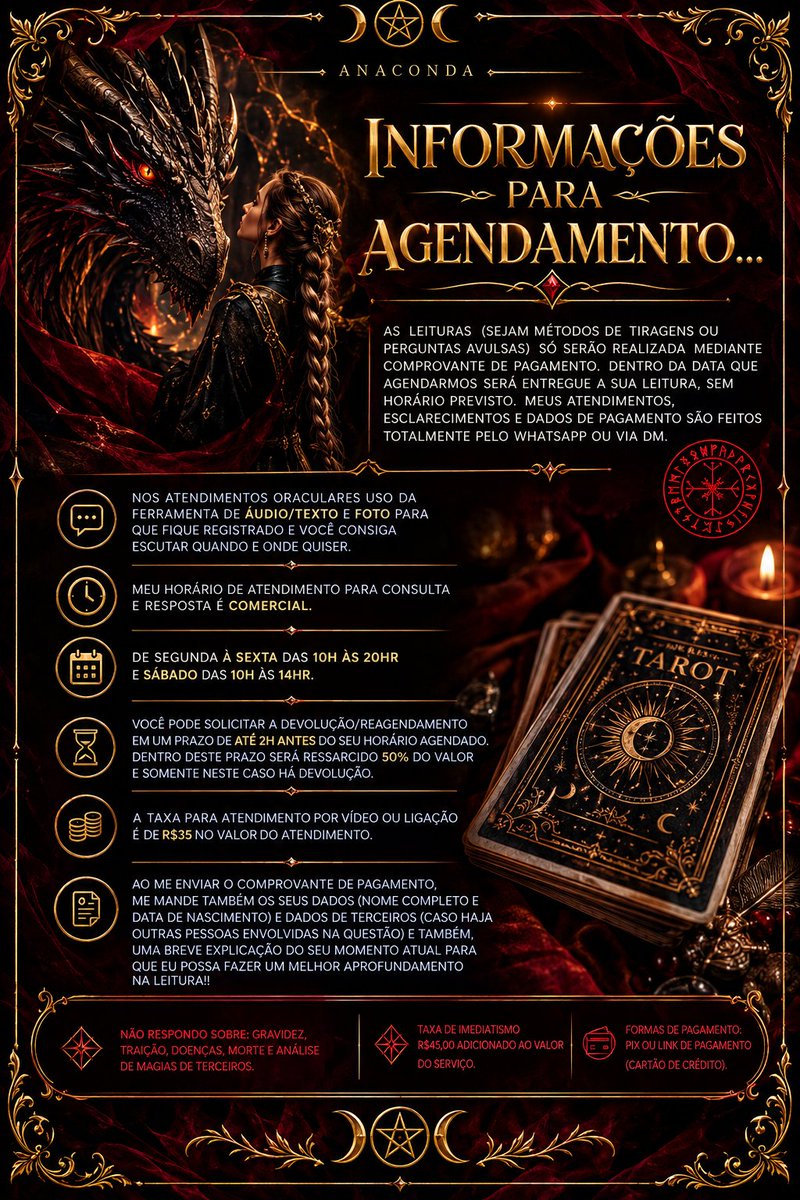 AnacondaTarott's tweet photo. 🔥🐉Olá, Seja Bem-vindo(a)🐉🔥

 Eu sou o Mar, e abaixo você encontrará todas as Informações necessárias sobre meus métodos de atendimento e serviços que me proponho a realizar.

Para agendamento é só entrar em contato via Dm ou whatsapp, o link está na bio!❤️‍🔥 https://t.co/C9J6V2WdIZ